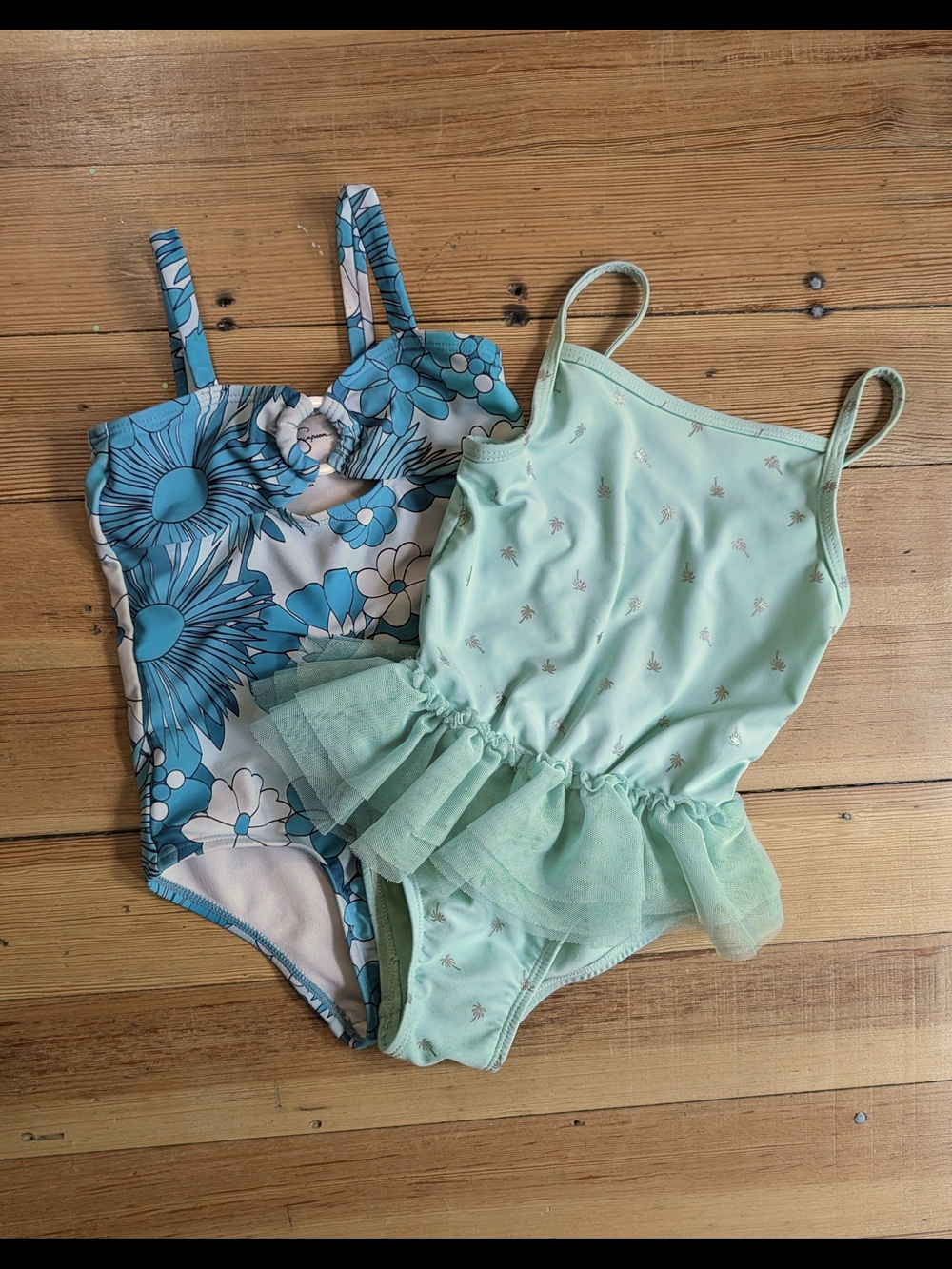 Girls Floral & Mint Ruffle One-Piece Swimsuits - Blue Floral + Mint